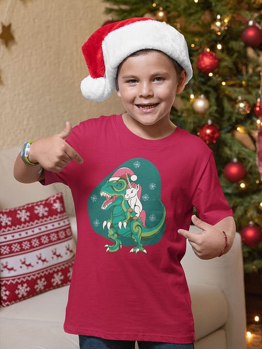Christmas Kids Unicorn T-Rex Christmas Kid’s T-Shirt christmas dinosaur