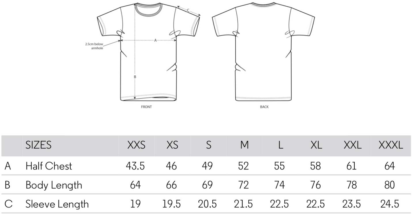 Adult's T Shirt Sizing Table